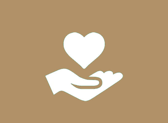 a logo of a hand with a heart above it. The background is a gold colour and the rest is white